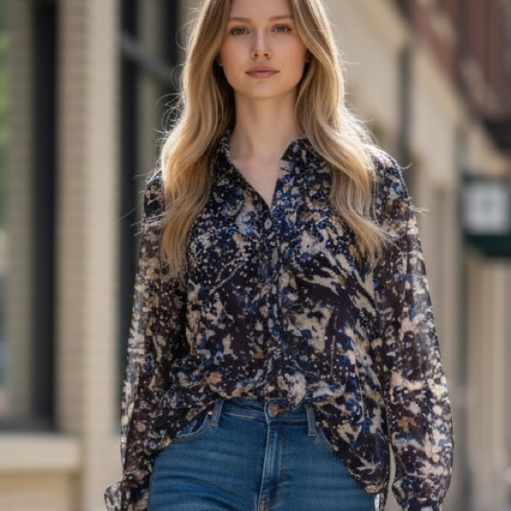 CAbi‎ Starry Night Blouse - Ruffle Front, Banded Waist, Chiffon-Like Material.